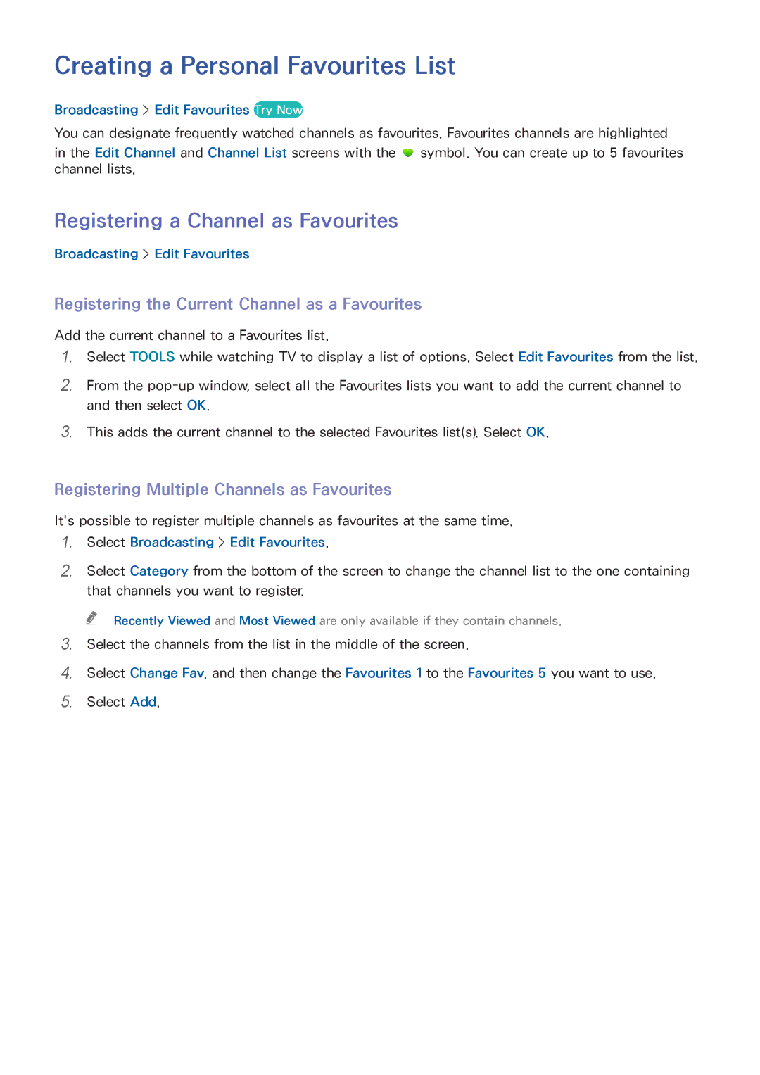 Samsung UA55HU9000RXTW, UA65HU9000RXSK manual Creating a Personal Favourites List, Registering a Channel as Favourites 