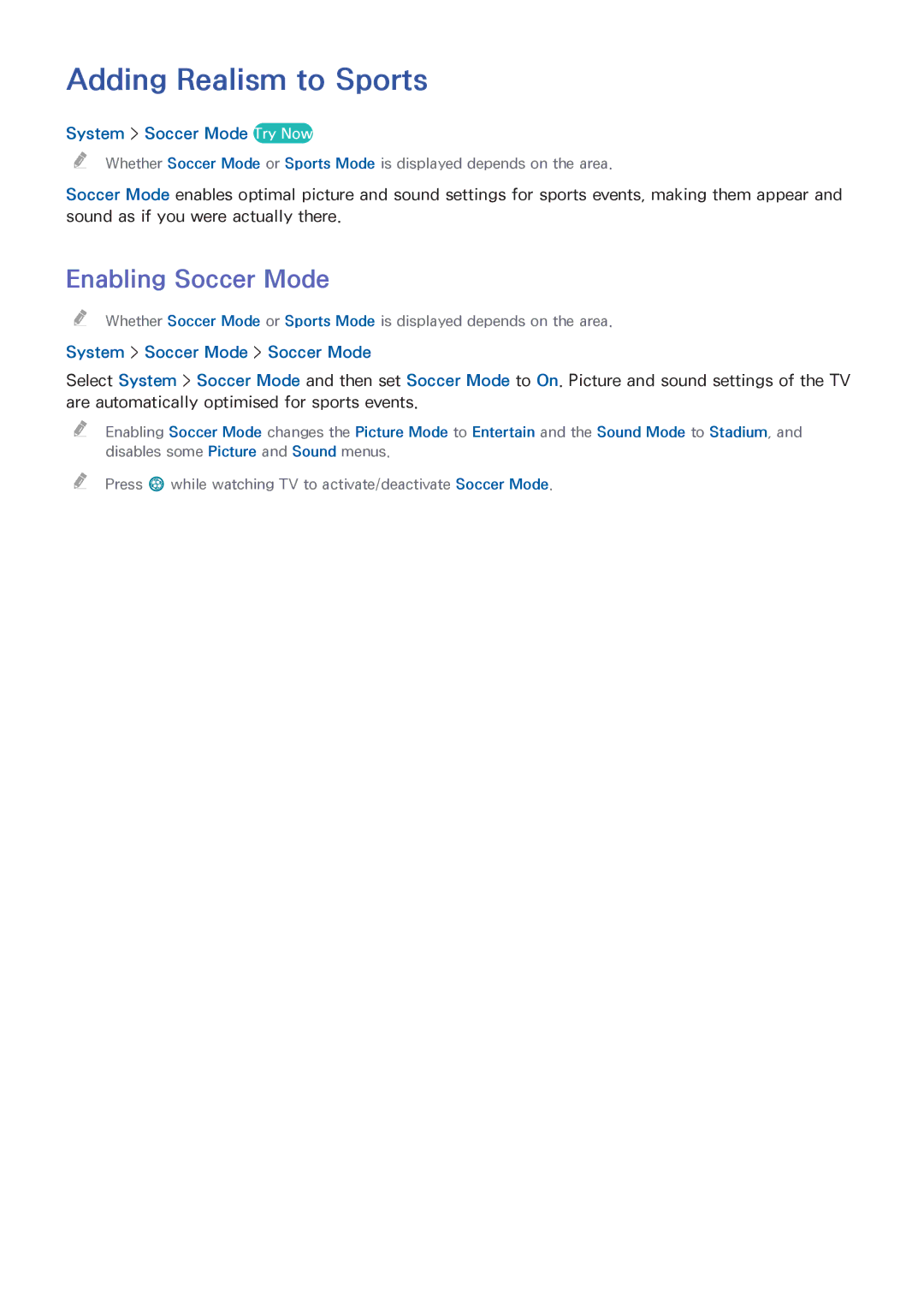 Samsung UA65HU9000RXUM, UA65HU9000RXSK manual Adding Realism to Sports, Enabling Soccer Mode, System Soccer Mode Try Now 