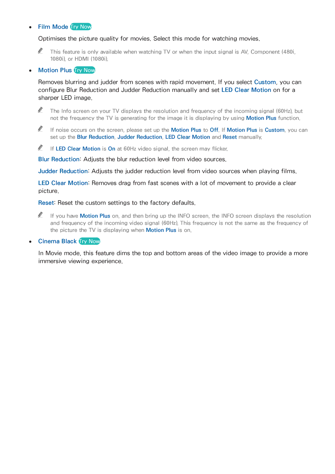 Samsung UA55HU9000RXMM, UA65HU9000RXSK, UA78HU9000RXZN manual Film Mode Try Now, Motion Plus Try Now, Cinema Black Try Now 