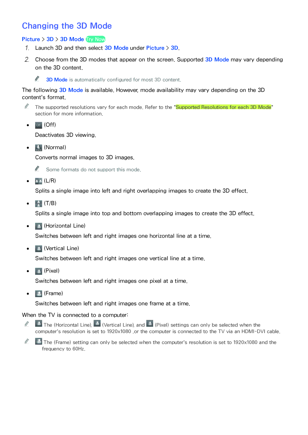 Samsung UA55HU9000RXUM, UA65HU9000RXSK, UA78HU9000RXZN, UA65HU9000RXMM manual Changing the 3D Mode, Picture 3D 3D Mode Try Now 
