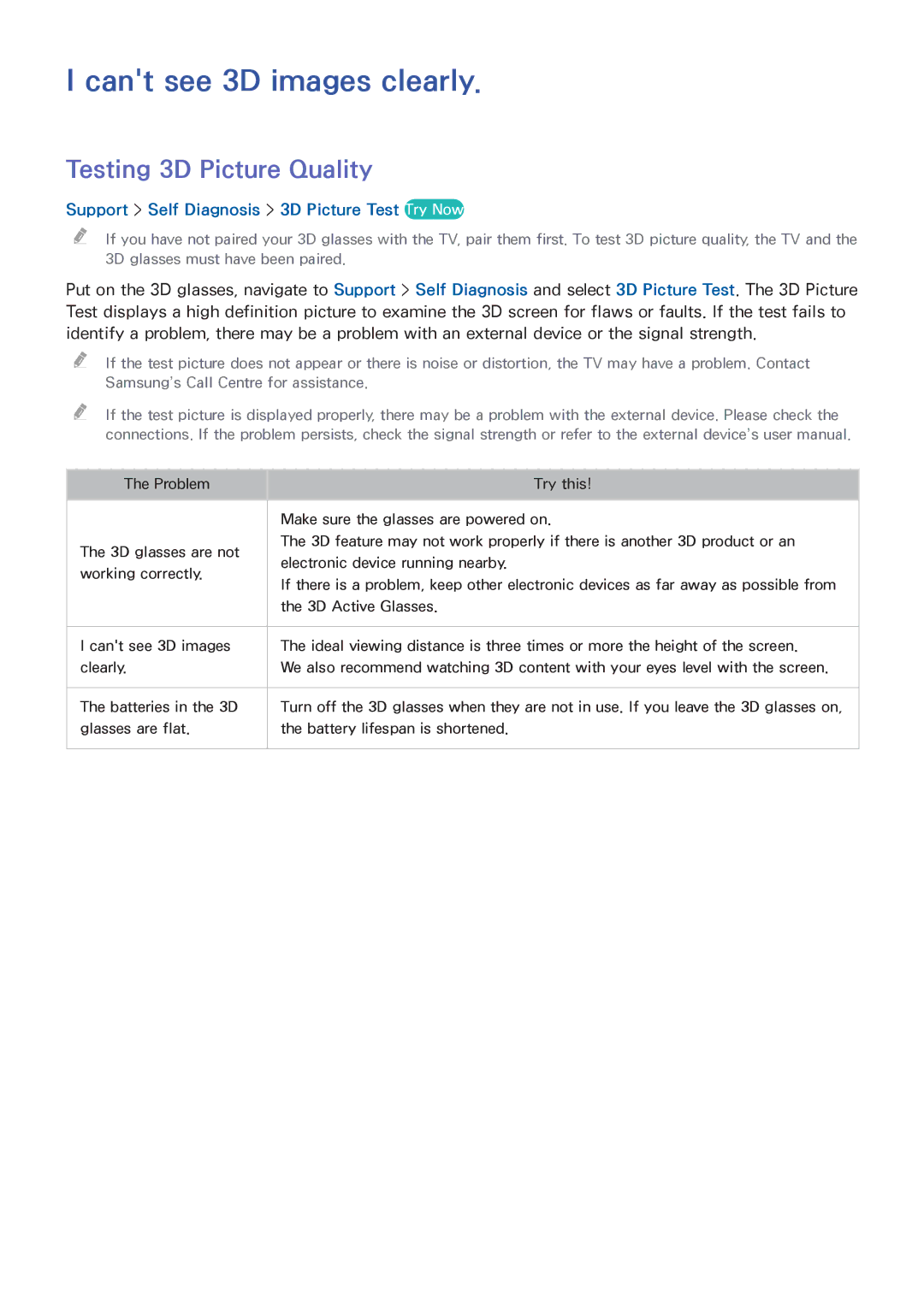 Samsung UA65HU9000RXMZ, UA65HU9000RXSK, UA78HU9000RXZN manual Cant see 3D images clearly, Testing 3D Picture Quality 