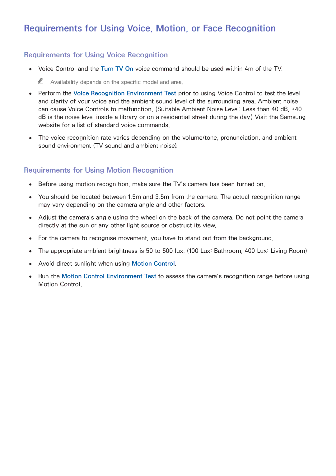 Samsung UA65HU9000RXZN Requirements for Using Voice, Motion, or Face Recognition, Requirements for Using Voice Recognition 