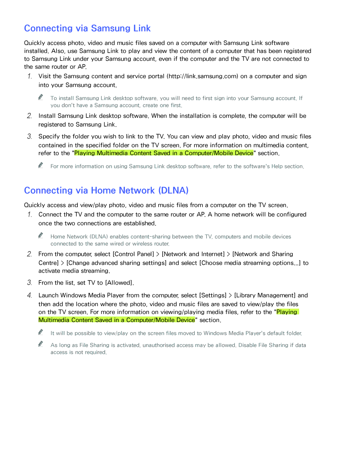 Samsung UA65HU9000RXMZ, UA65HU9000RXSK, UA78HU9000RXZN manual Connecting via Samsung Link, Connecting via Home Network Dlna 