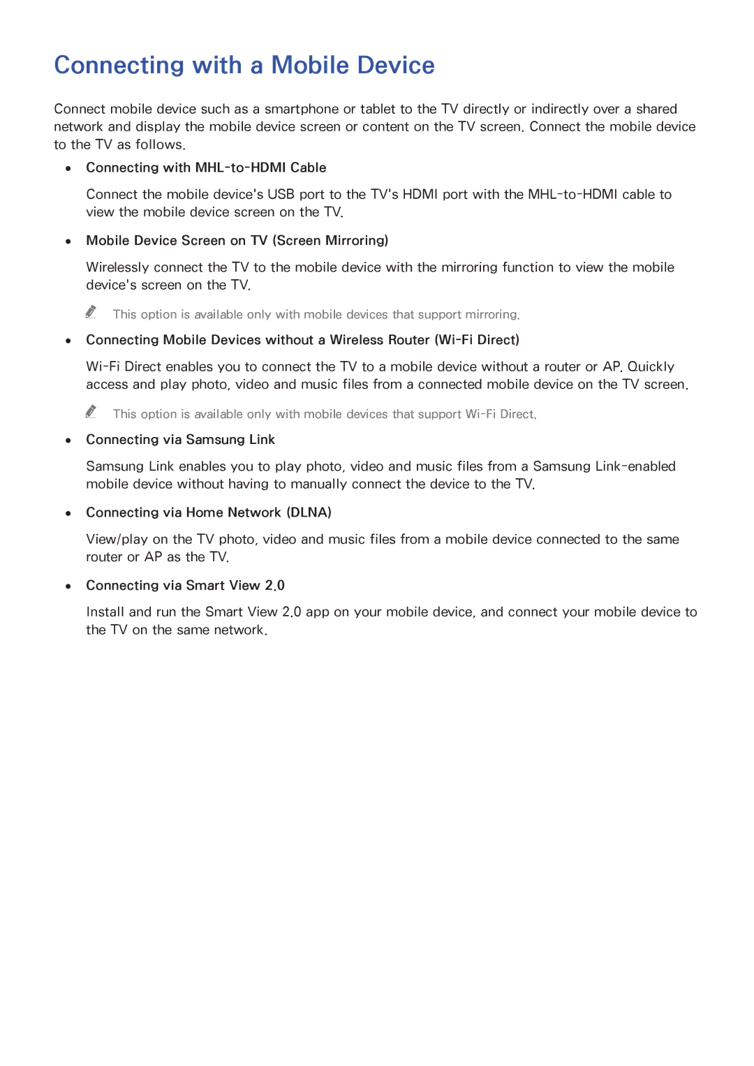 Samsung UA78HU9000RXTW manual Connecting with a Mobile Device, Connecting with MHL-to-HDMI Cable, Connecting via Smart View 