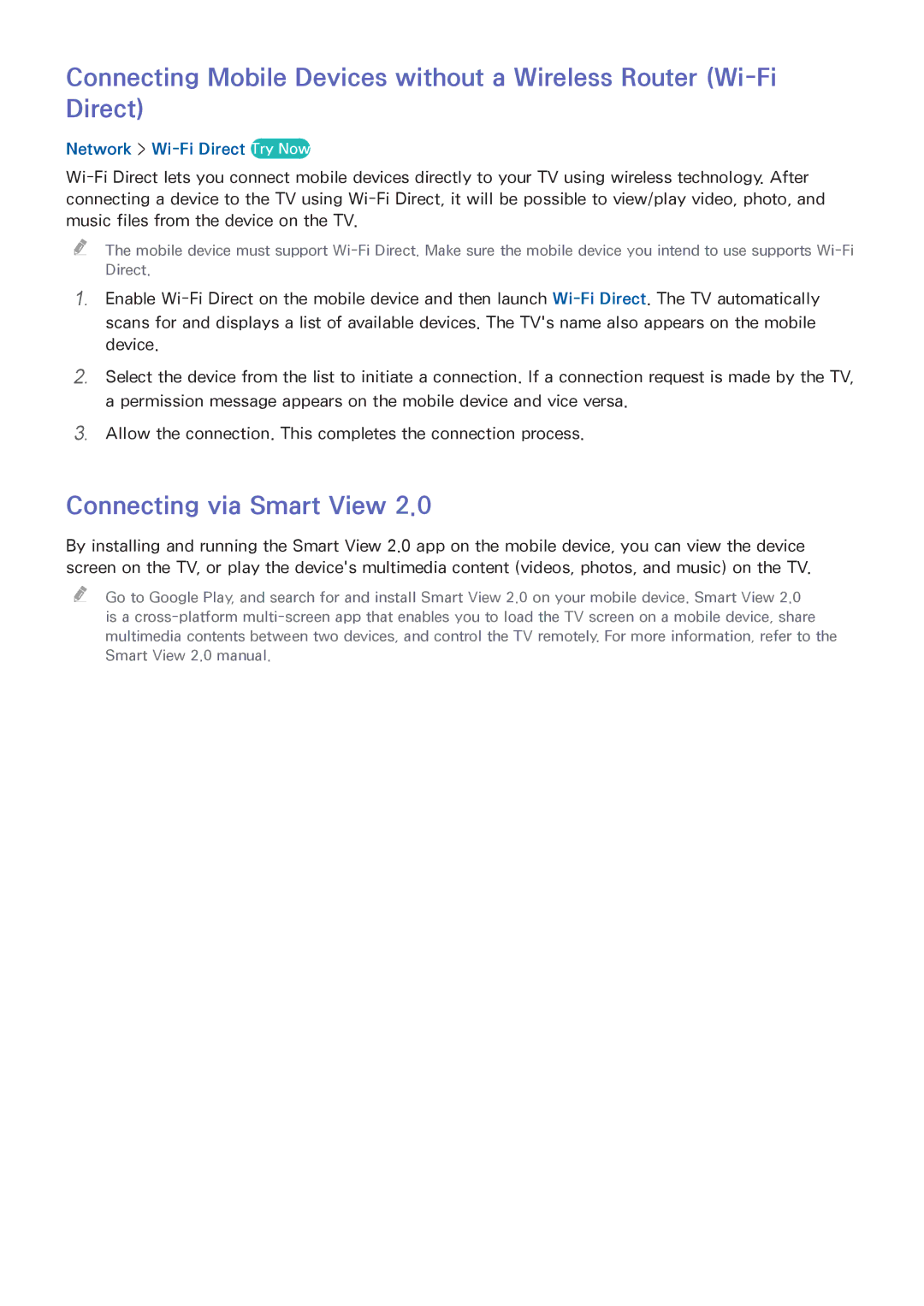 Samsung UA65HU9000RXMM, UA65HU9000RXSK, UA78HU9000RXZN manual Connecting via Smart View, Network Wi-Fi Direct Try Now 