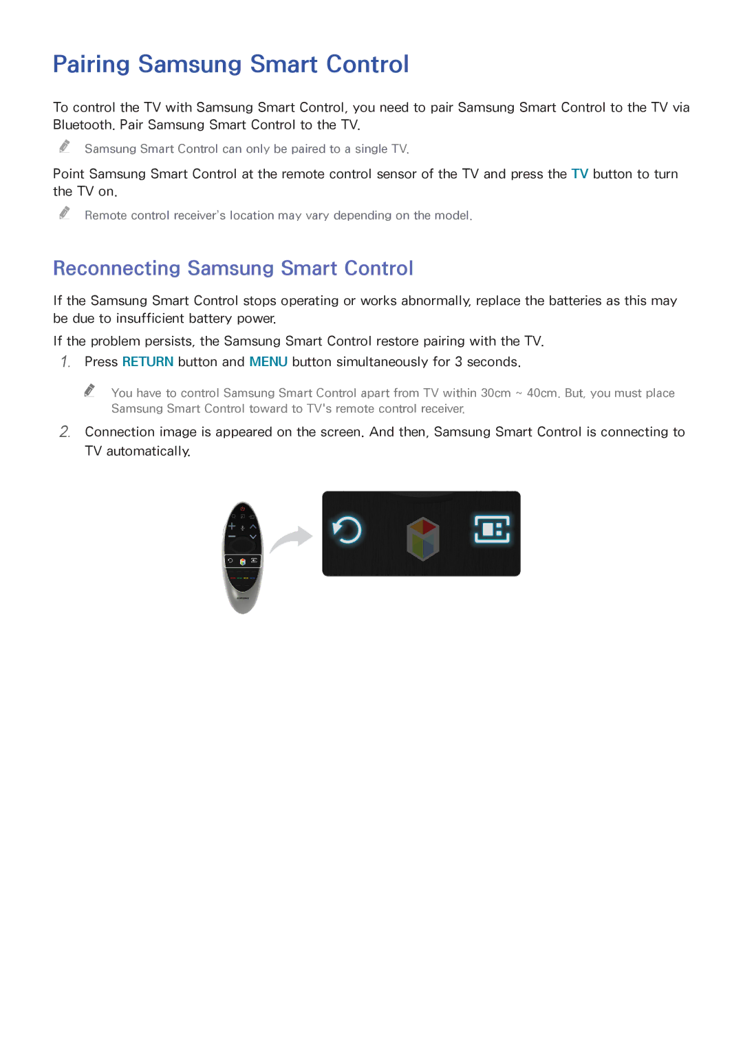 Samsung UA55HU9000RXTW, UA65HU9000RXSK, UA78HU9000RXZN Pairing Samsung Smart Control, Reconnecting Samsung Smart Control 