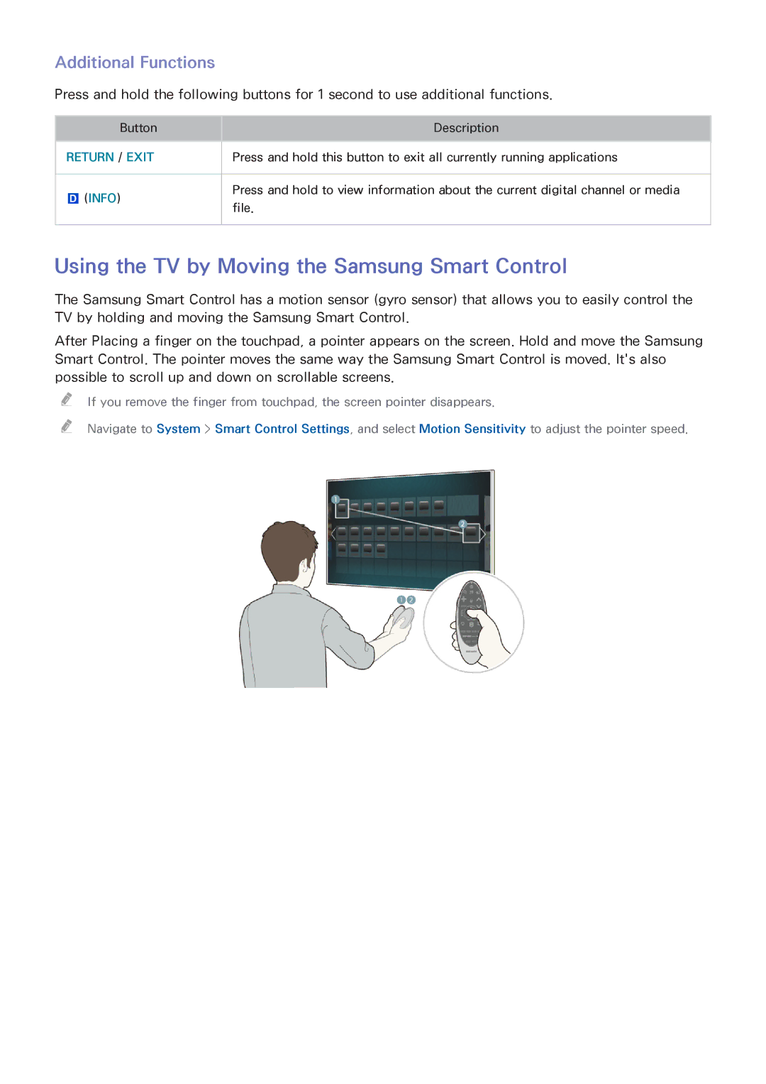 Samsung UA65HU9000RXSJ, UA65HU9000RXSK manual Using the TV by Moving the Samsung Smart Control, Additional Functions 