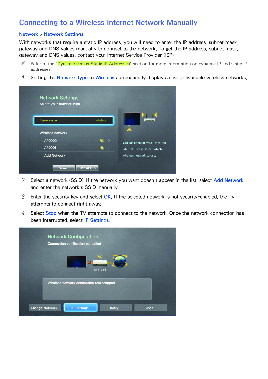 Samsung UA65HU9000RXZN, UA65HU9000RXSK, UA78HU9000RXZN, UA65HU9000RXMM Connecting to a Wireless Internet Network Manually 