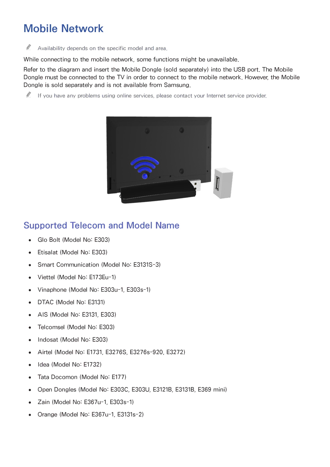 Samsung UA65HU9000RXSK, UA78HU9000RXZN, UA65HU9000RXMM, UA78HU9000RXUM manual Mobile Network, Supported Telecom and Model Name 