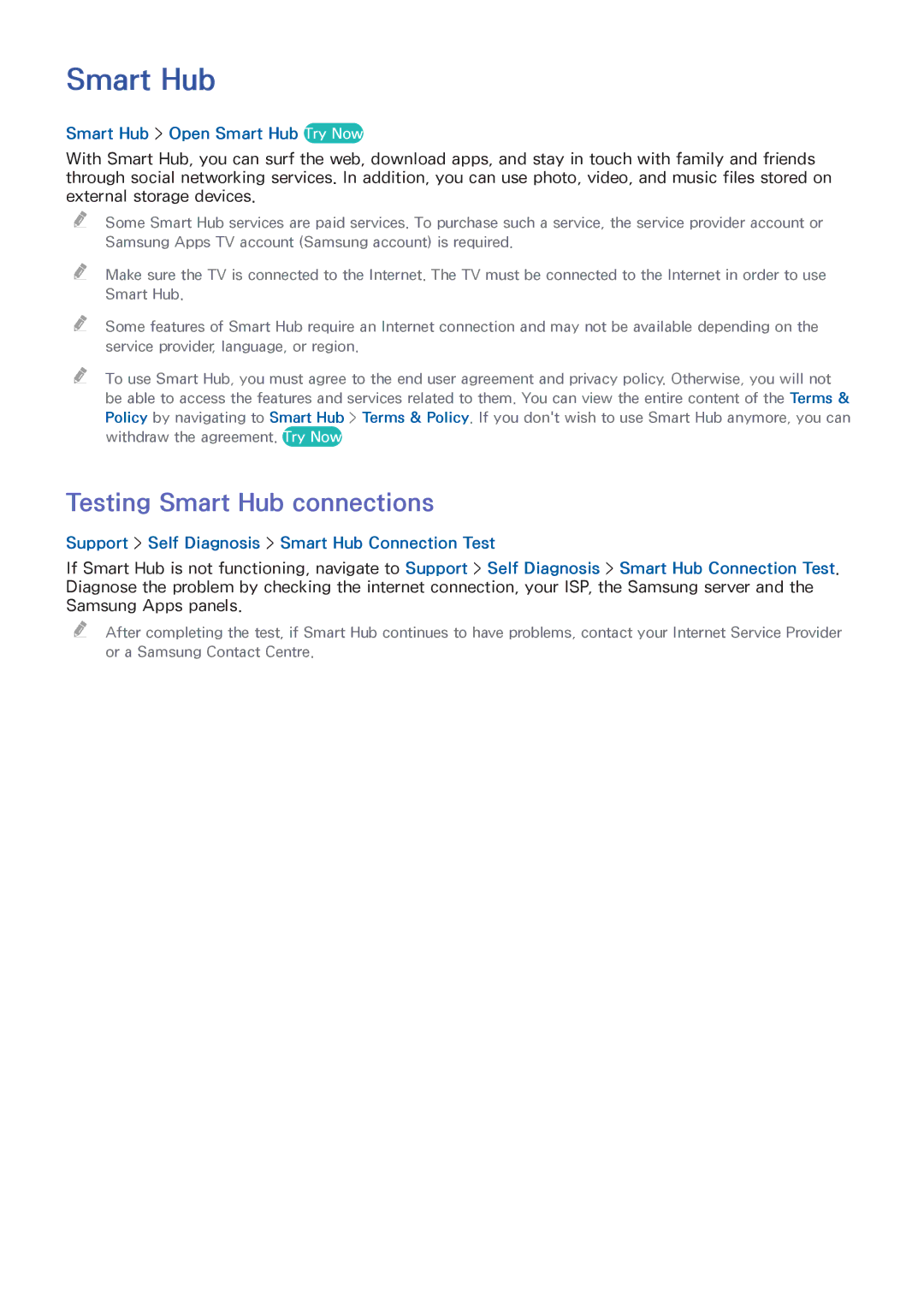 Samsung UA55HU9000RXEG, UA65HU9000RXSK, UA78HU9000RXZN Testing Smart Hub connections, Smart Hub Open Smart Hub Try Now 