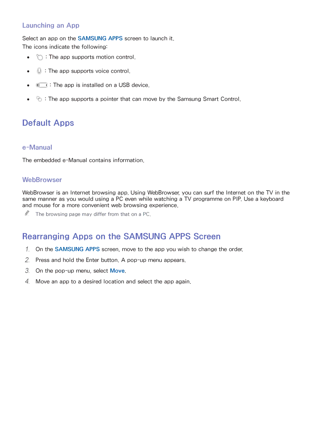 Samsung UA78HU9000RXZN Default Apps, Rearranging Apps on the Samsung Apps Screen, Launching an App, Manual, WebBrowser 