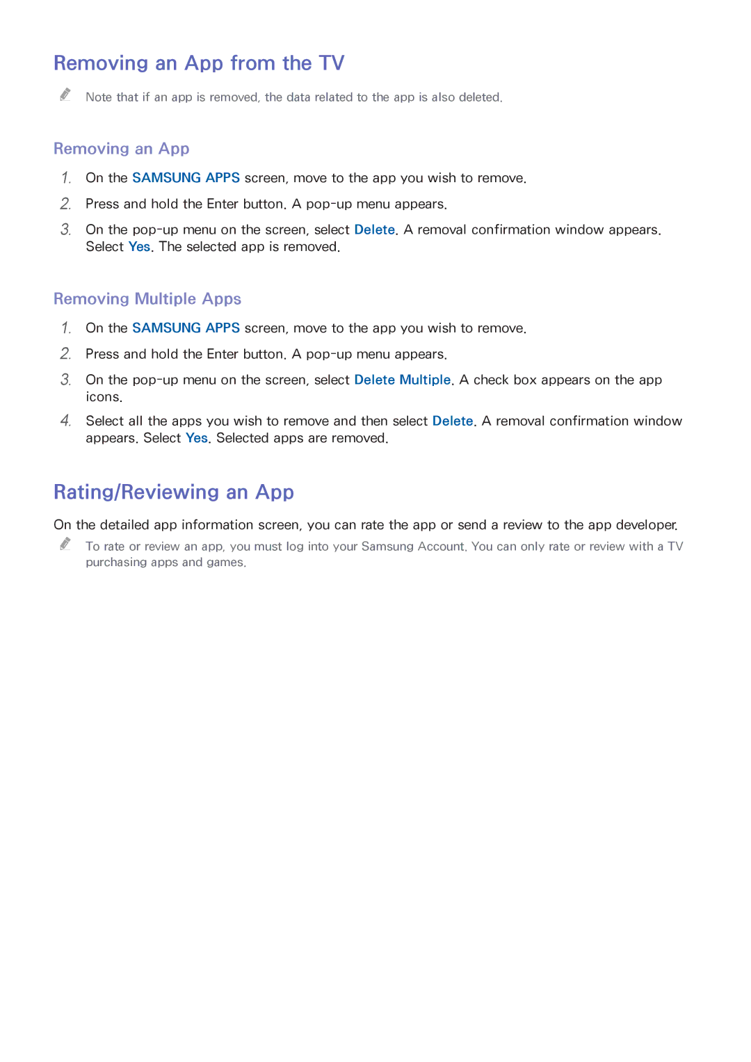 Samsung UA65HU9000RXMM, UA65HU9000RXSK, UA78HU9000RXZN, UA78HU9000RXUM Removing an App from the TV, Removing Multiple Apps 