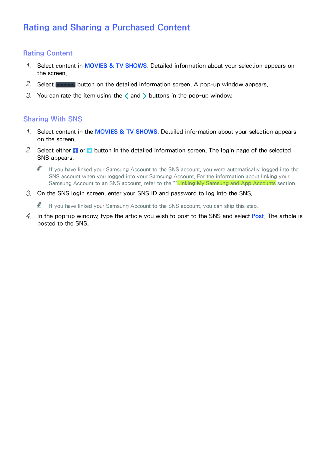 Samsung UA65HU9000RXEG, UA65HU9000RXSK manual Rating and Sharing a Purchased Content, Rating Content, Sharing With SNS 