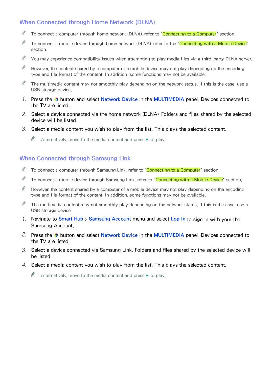 Samsung UA65HU9000RXZN, UA65HU9000RXSK manual When Connected through Home Network Dlna, When Connected through Samsung Link 