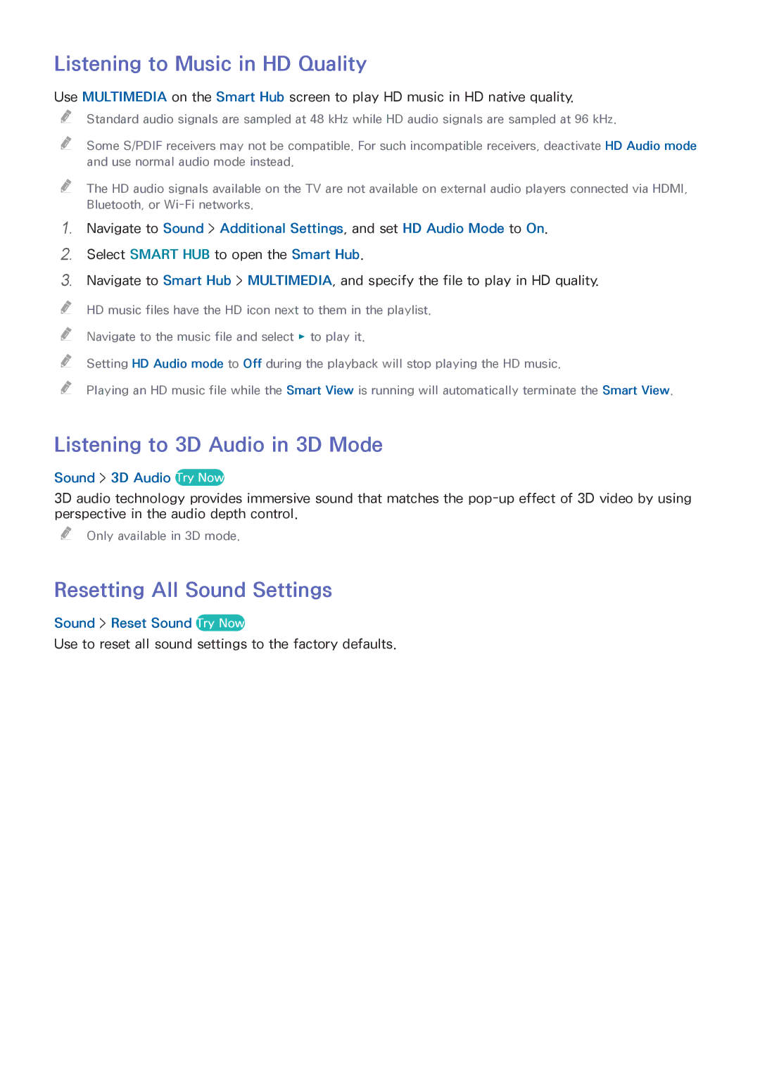 Samsung UA78HU9000RXUM Listening to Music in HD Quality, Listening to 3D Audio in 3D Mode, Resetting All Sound Settings 