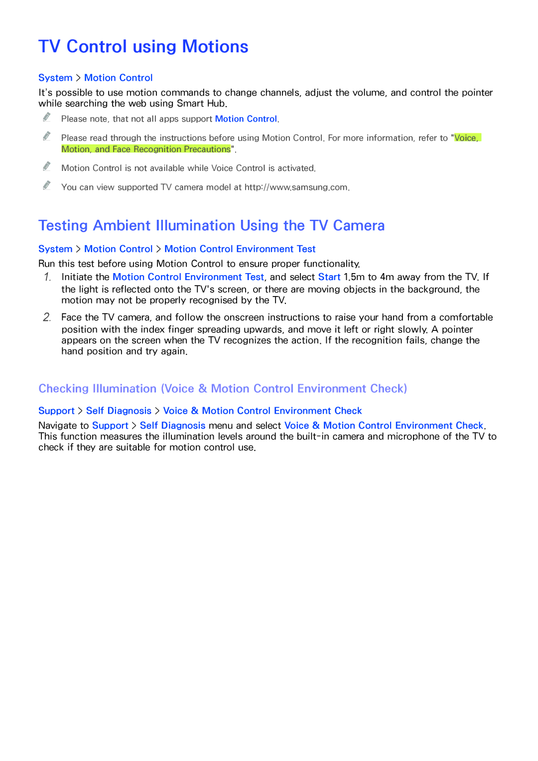 Samsung UA55HU9000RXTW TV Control using Motions, Testing Ambient Illumination Using the TV Camera, System Motion Control 