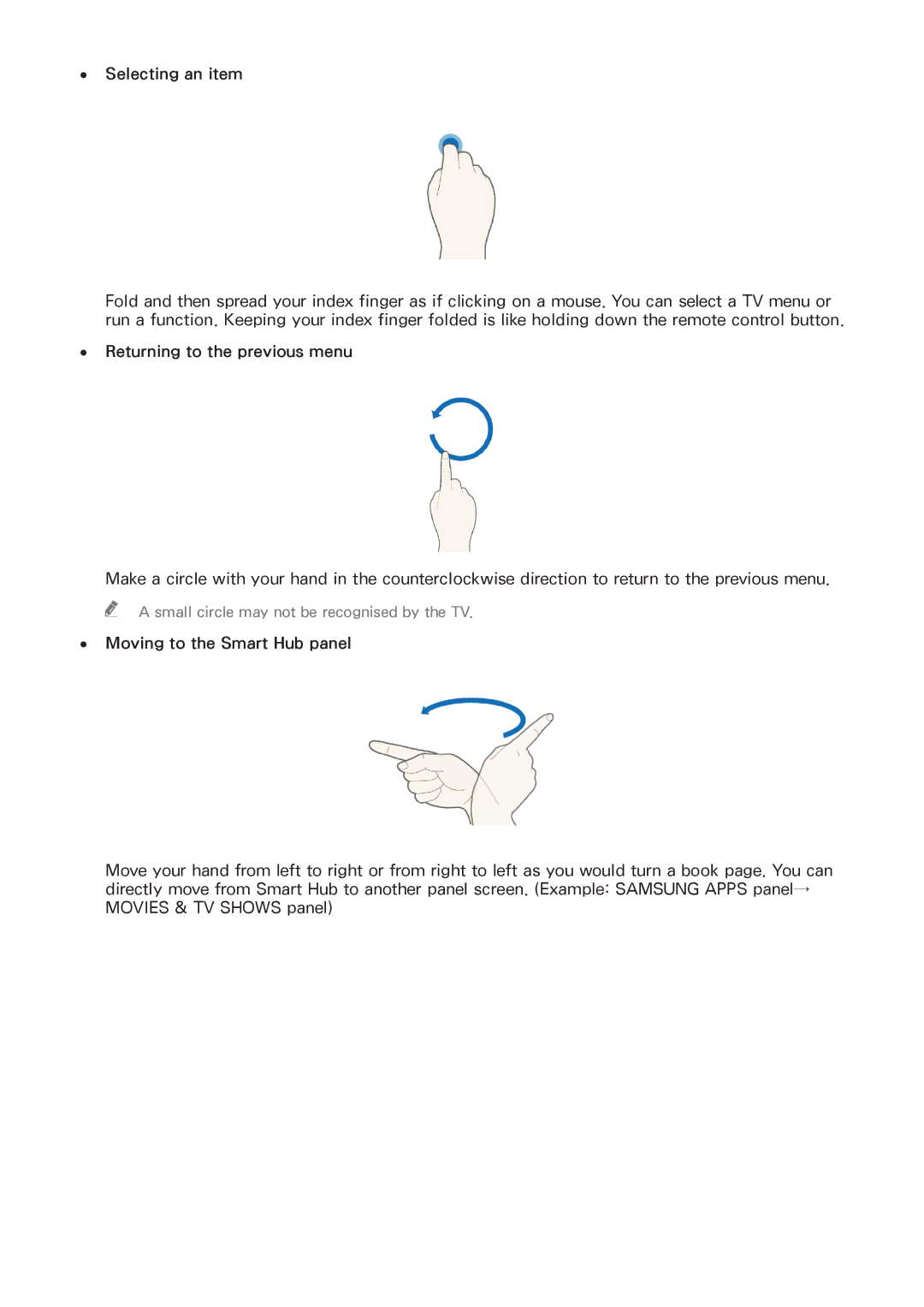 Samsung UA65HU9000RXEG, UA65HU9000RXSK, UA78HU9000RXZN manual Returning to the previous menu, Moving to the Smart Hub panel 