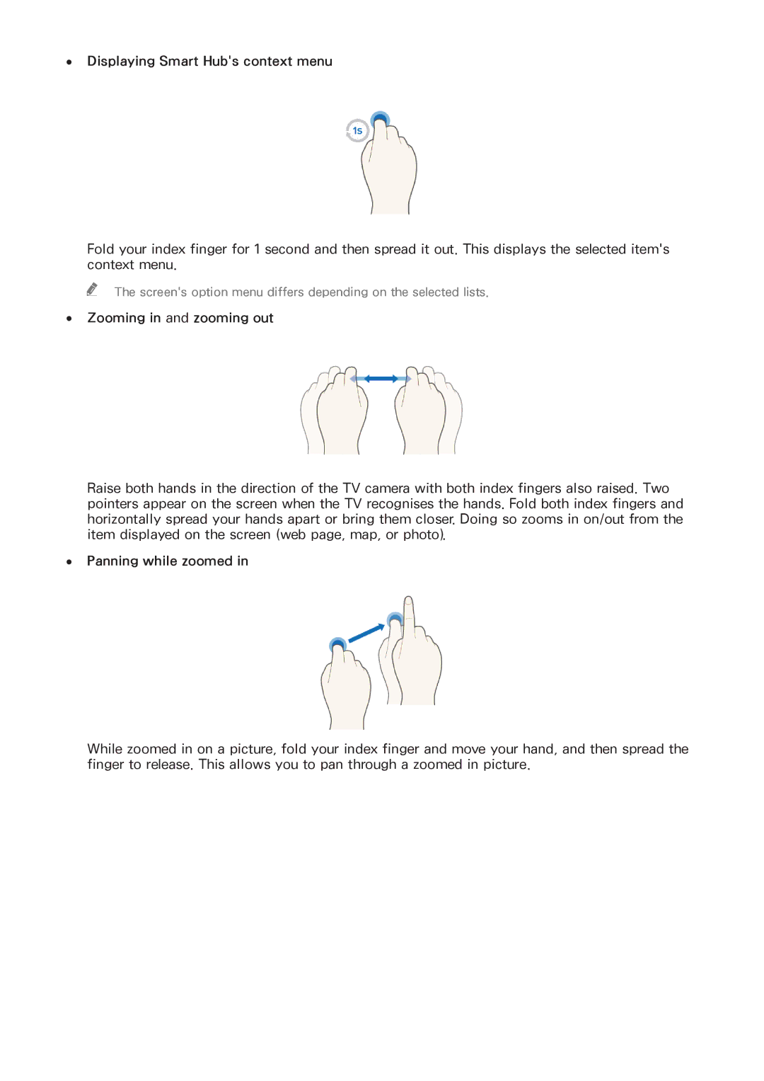 Samsung UA65HU9000RXSJ manual Displaying Smart Hubs context menu, Zooming in and zooming out, Panning while zoomed 