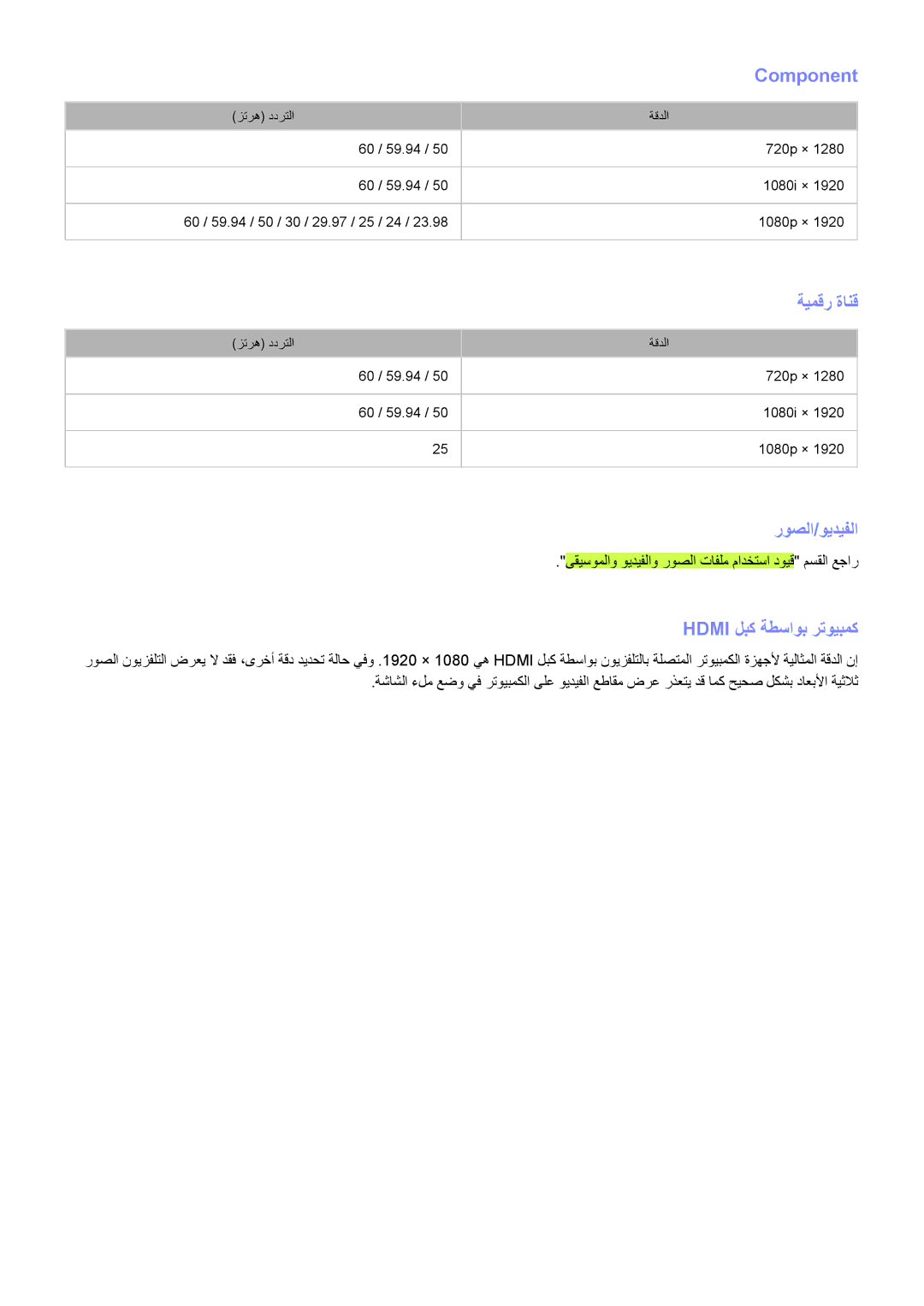 Samsung UA65HU9000RXEG, UA65HU9000RXSK, UA78HU9000RXZN, UA65HU9000RXMM Component, روصلا/ويديفلا, Hdmi لبك ةطساوب رتويبمك 