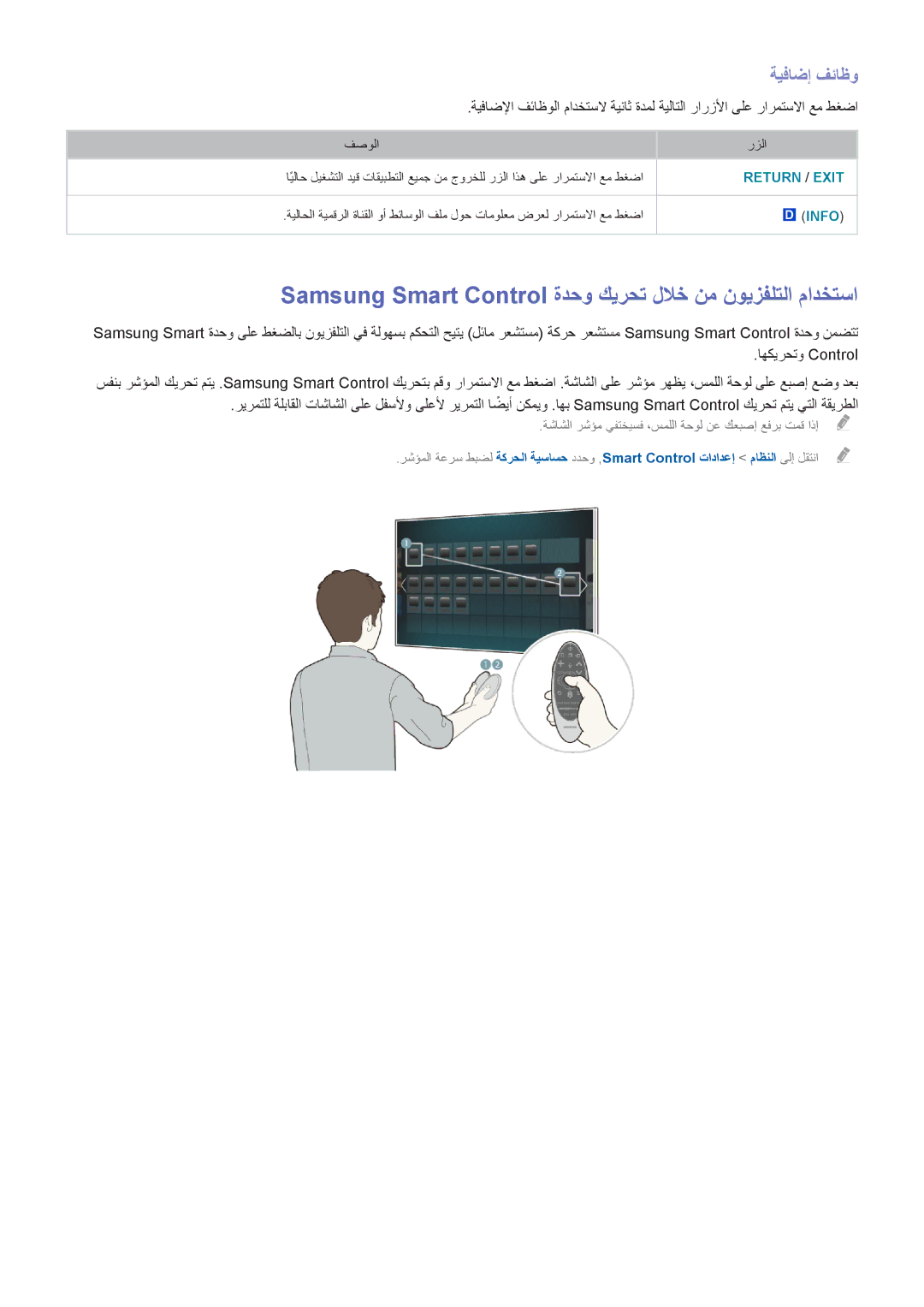 Samsung UA65HU9000RXSJ, UA65HU9000RXSK manual Samsung Smart Control ةدحو كيرحت للاخ نم نويزفلتلا مادختسا, ةيفاضإ فئاظو 