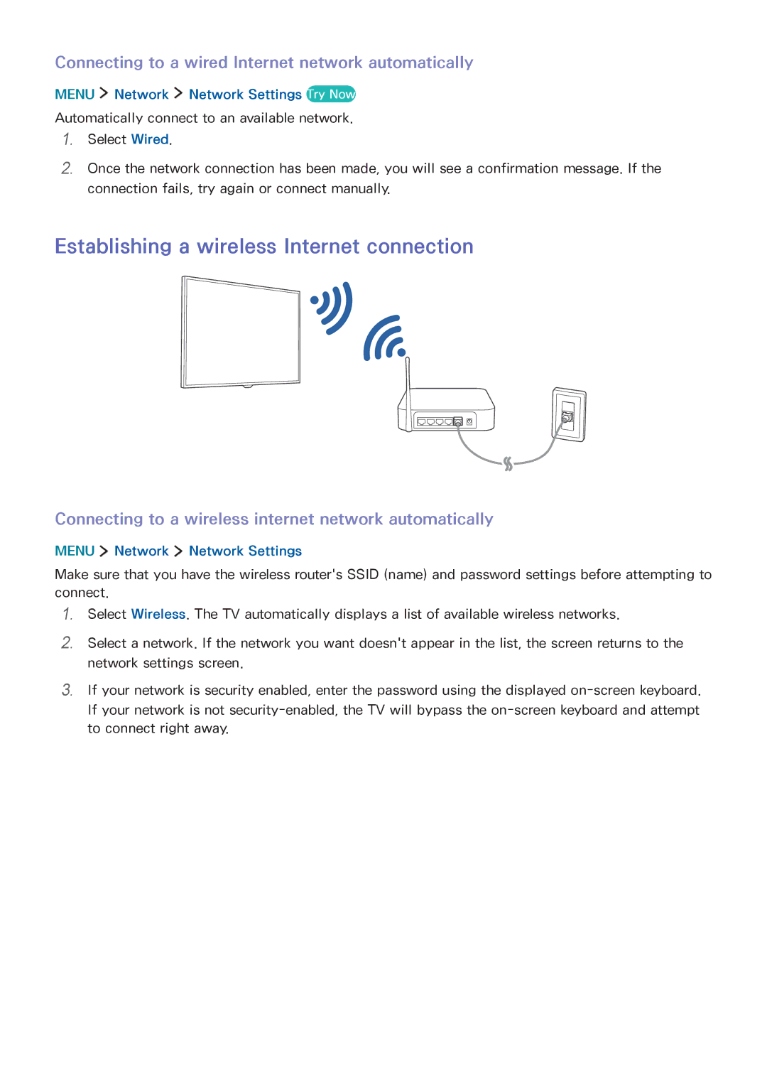 Samsung UA65JS8000KXSQ Establishing a wireless Internet connection, Connecting to a wired Internet network automatically 