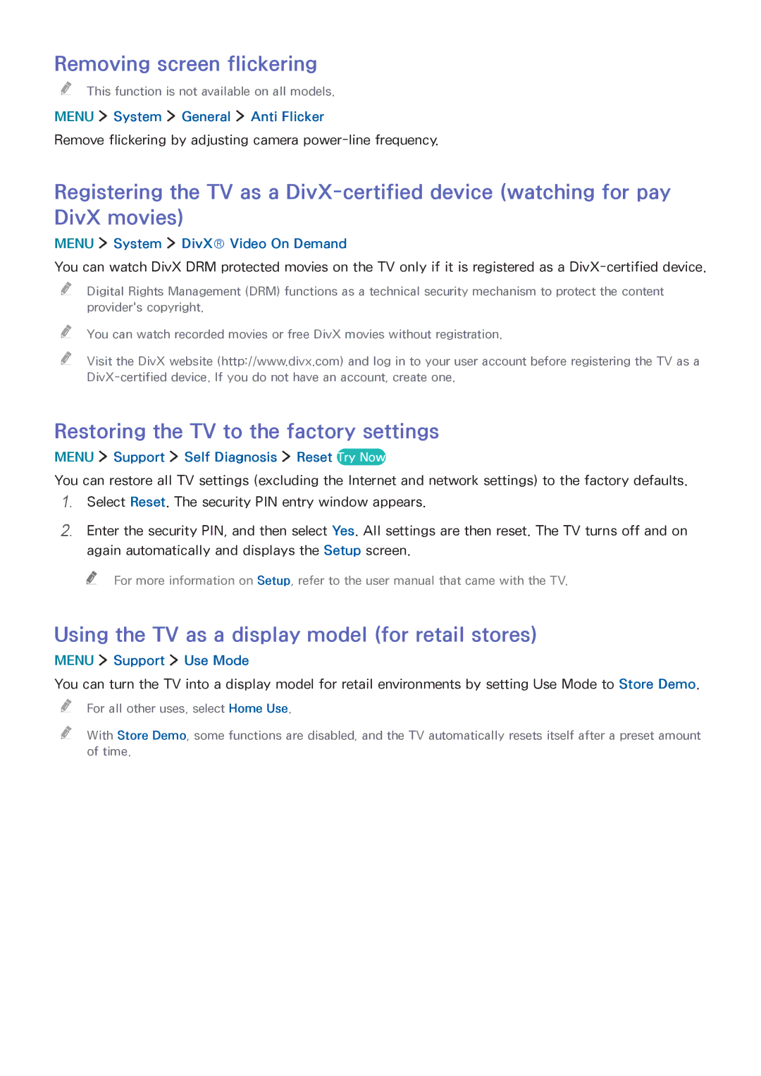 Samsung UA65JS8000KXSQ manual Removing screen flickering, Restoring the TV to the factory settings 