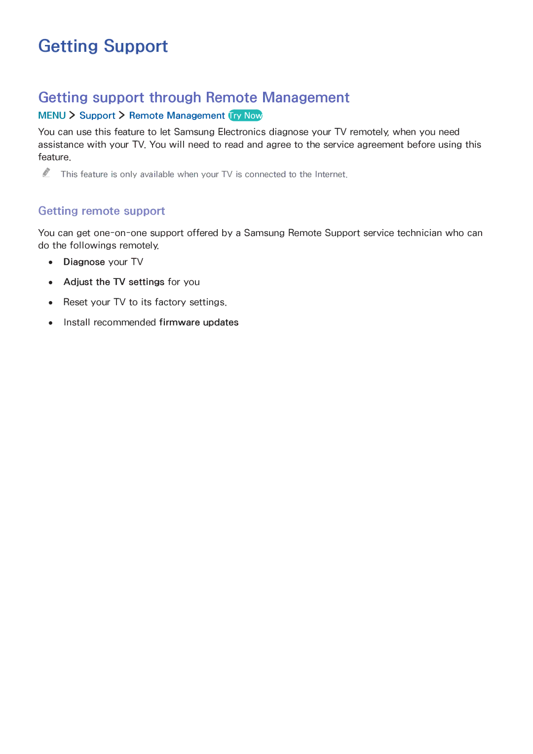 Samsung UA65JS8000KXSQ manual Getting Support, Getting support through Remote Management, Getting remote support 