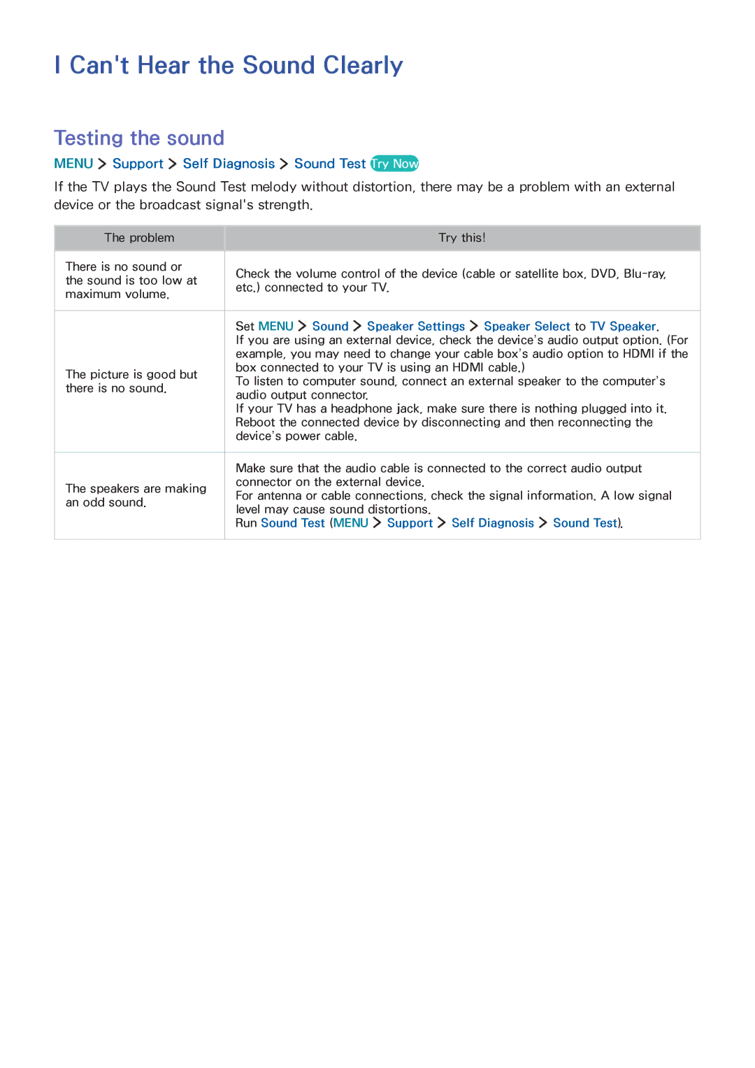 Samsung UA65JS8000KXSQ Cant Hear the Sound Clearly, Testing the sound, Menu Support Self Diagnosis Sound Test Try Now 