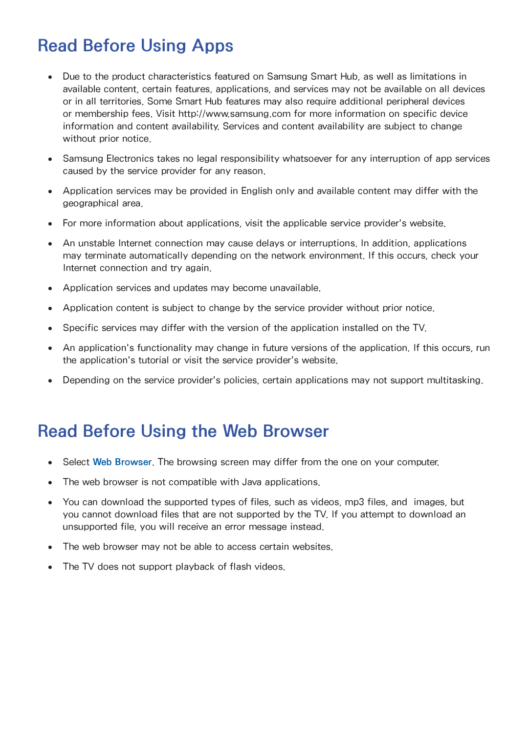 Samsung UA65JS8000KXSQ manual Read Before Using Apps, Read Before Using the Web Browser 