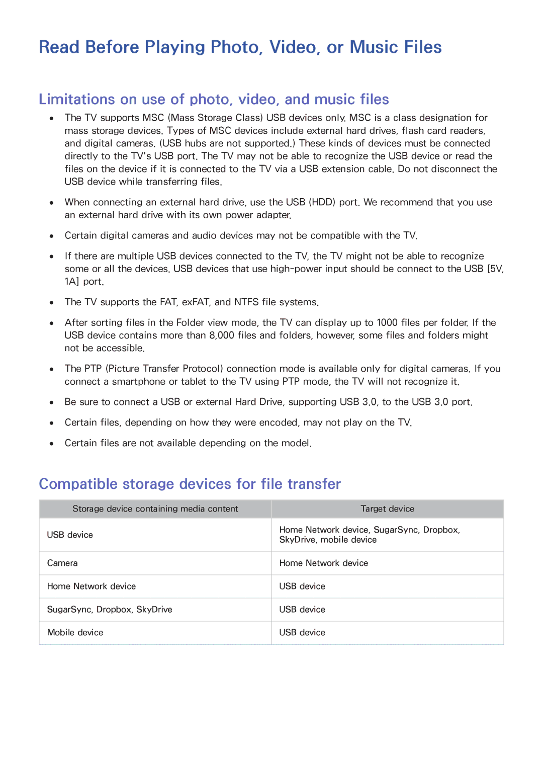 Samsung UA65JS8000KXSQ Read Before Playing Photo, Video, or Music Files, Compatible storage devices for file transfer 