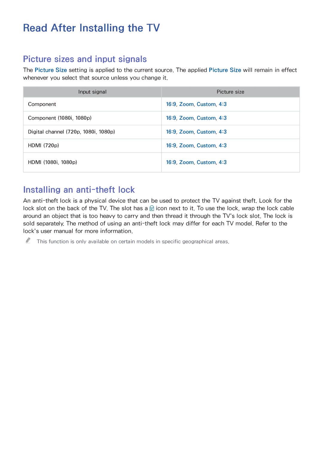 Samsung UA65JS8000KXSQ manual Read After Installing the TV, Picture sizes and input signals, Installing an anti-theft lock 