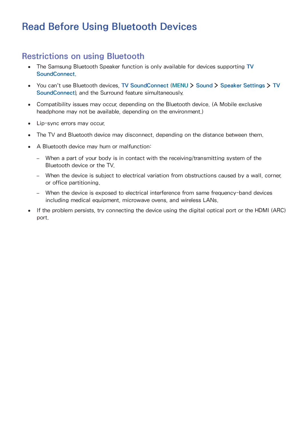 Samsung UA65JS8000KXSQ manual Read Before Using Bluetooth Devices, Restrictions on using Bluetooth 