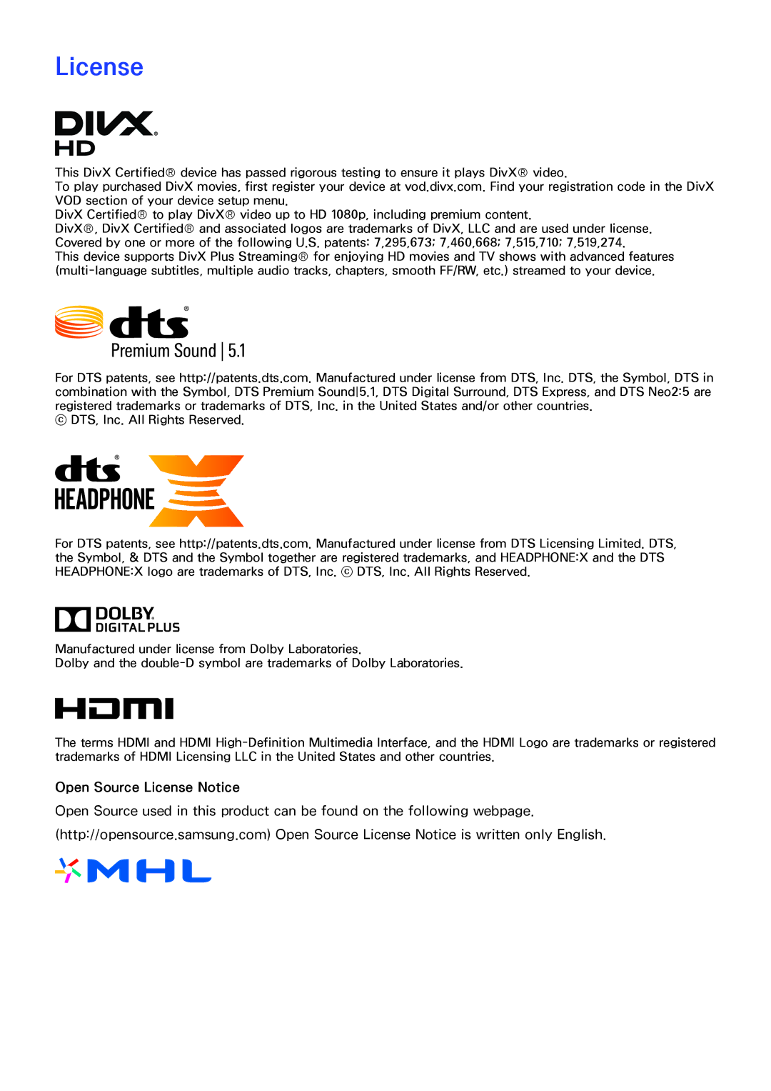 Samsung UA65JS8000KXSQ manual License 