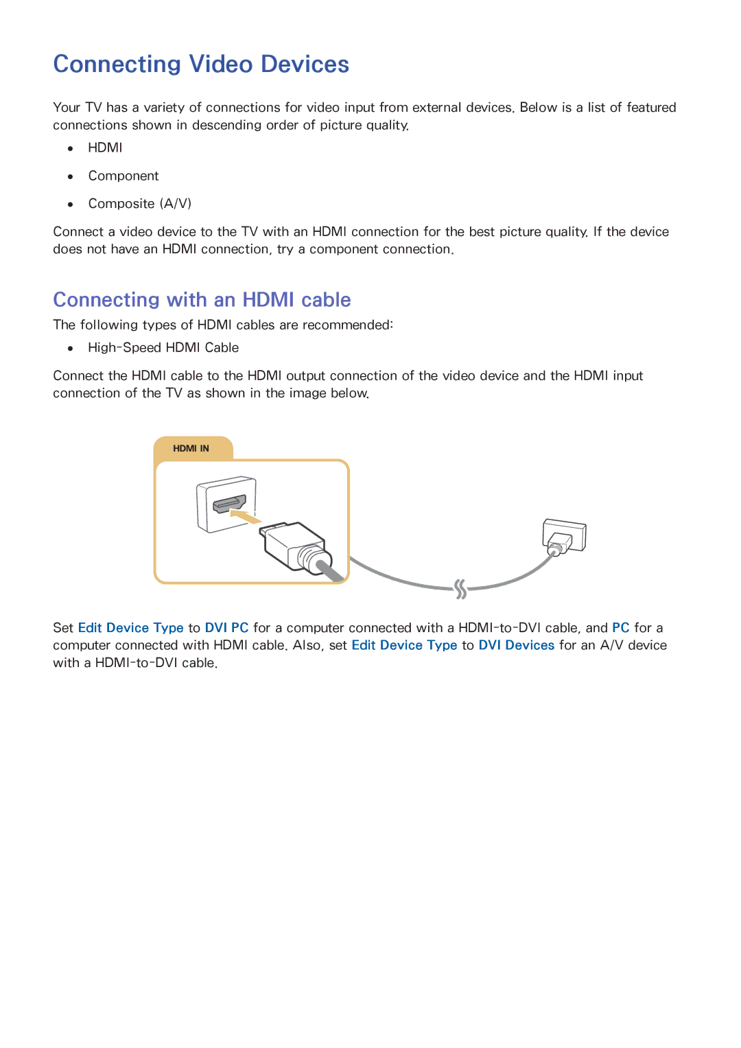 Samsung UA65JS8000KXSQ manual Connecting Video Devices, Connecting with an Hdmi cable 