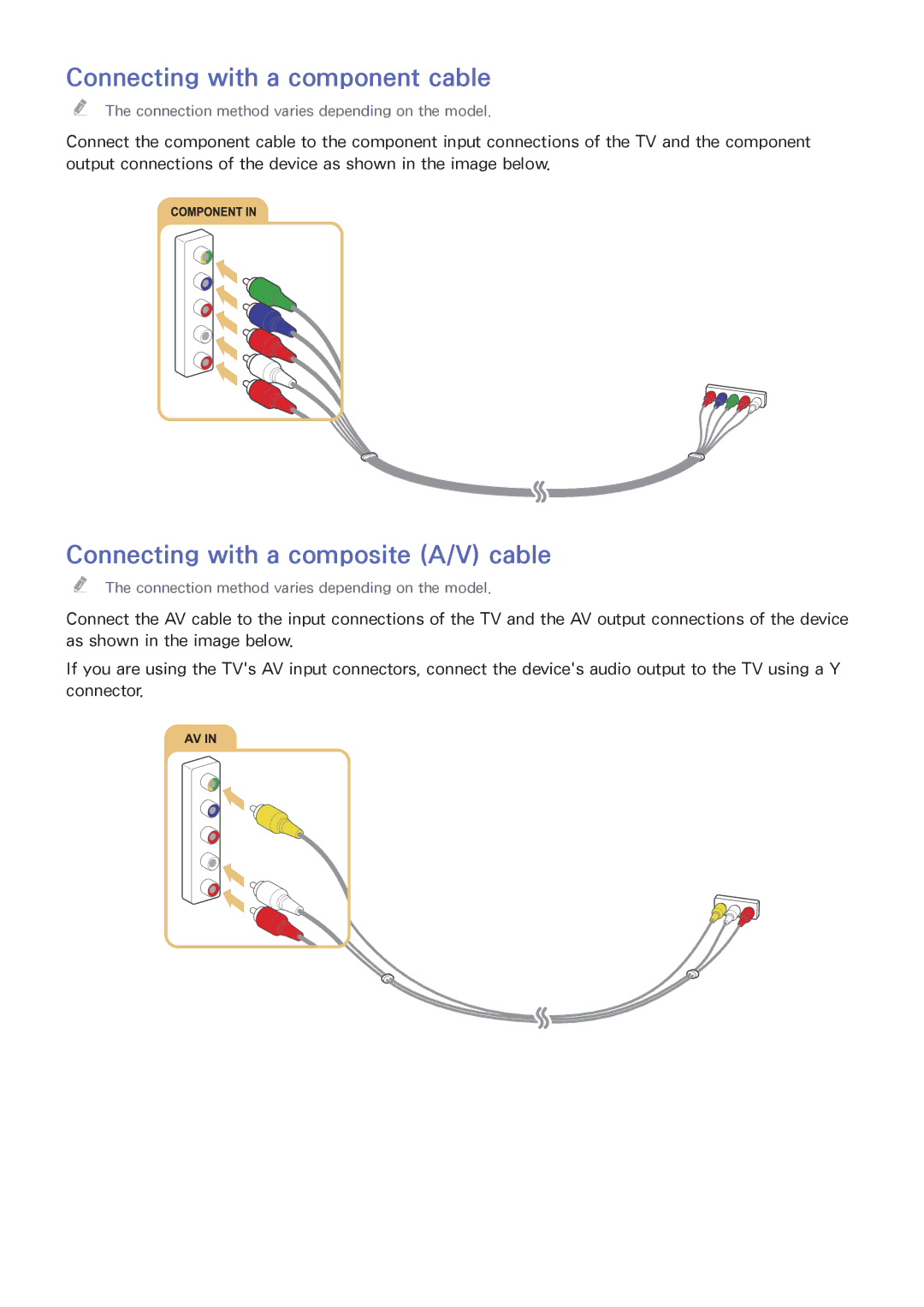 Samsung UA65JS8000KXSQ manual Connecting with a component cable, Connecting with a composite A/V cable 