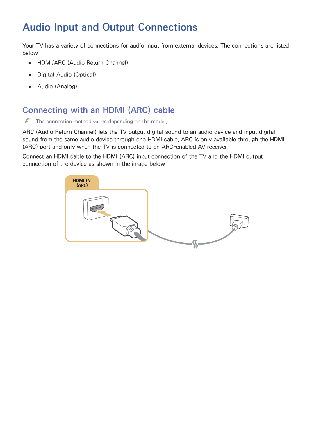 Samsung UA65JS8000KXSQ manual Audio Input and Output Connections, Connecting with an Hdmi ARC cable 