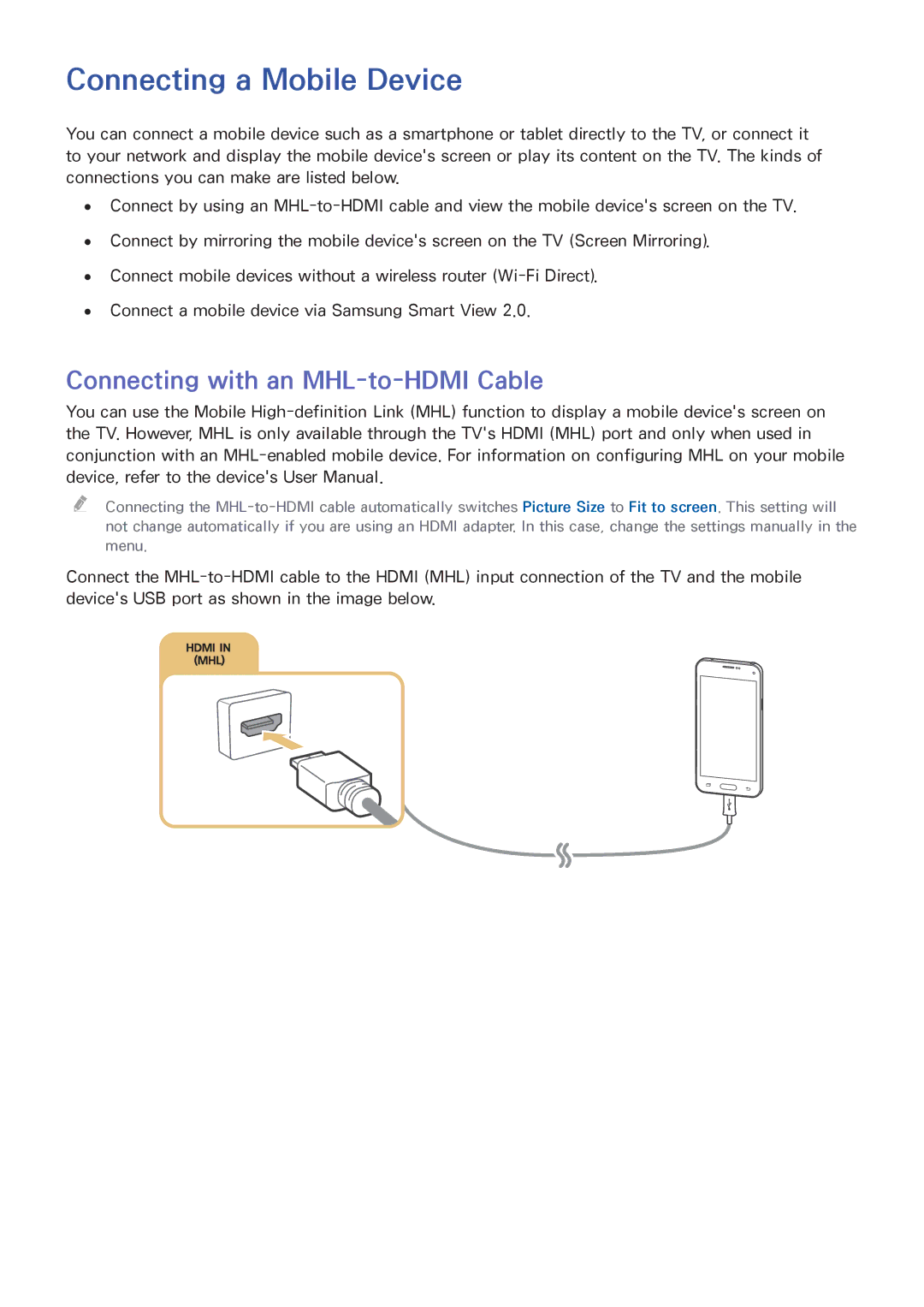 Samsung UA65JS8000KXSQ manual Connecting a Mobile Device, Connecting with an MHL-to-HDMI Cable 