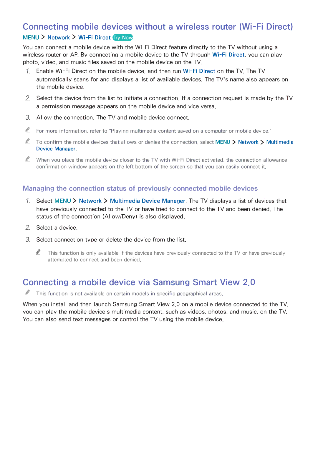 Samsung UA65JS8000KXSQ manual Connecting a mobile device via Samsung Smart View, Menu Network Wi-Fi Direct Try Now 