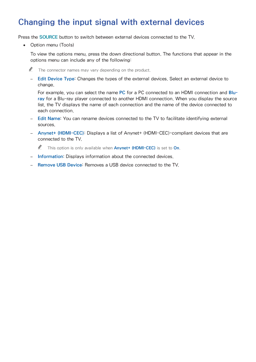 Samsung UA65JS8000KXSQ manual Changing the input signal with external devices 