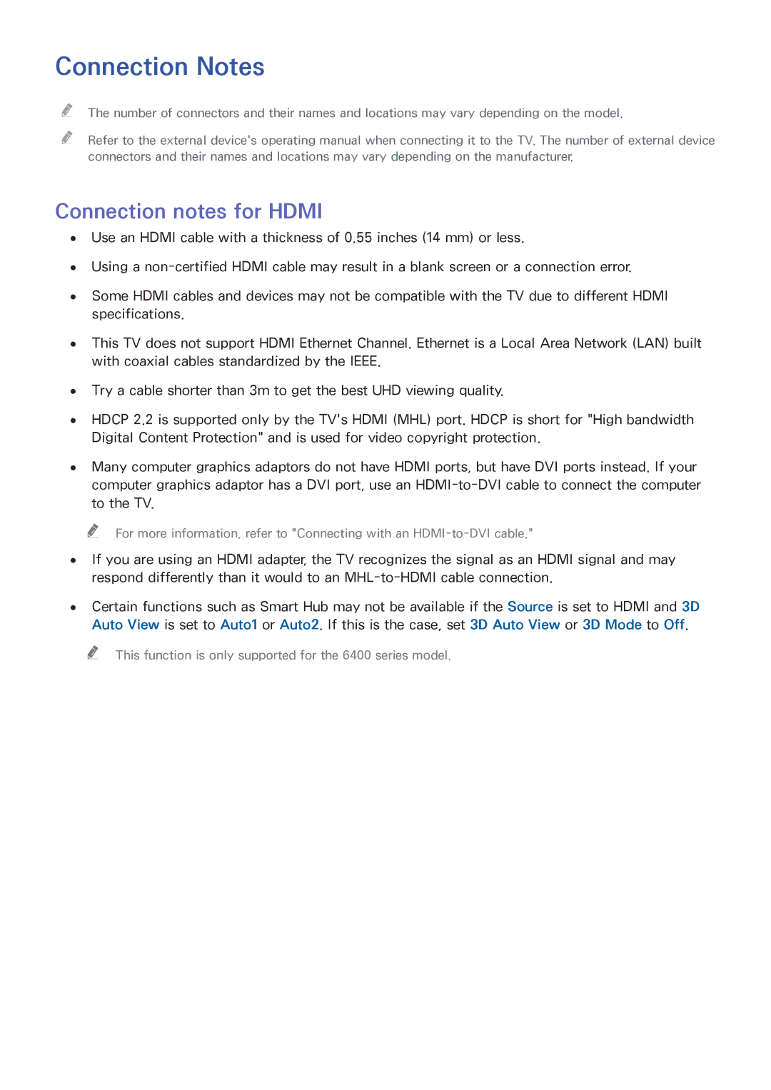 Samsung UA65JS8000KXSQ manual Connection Notes, Connection notes for Hdmi 