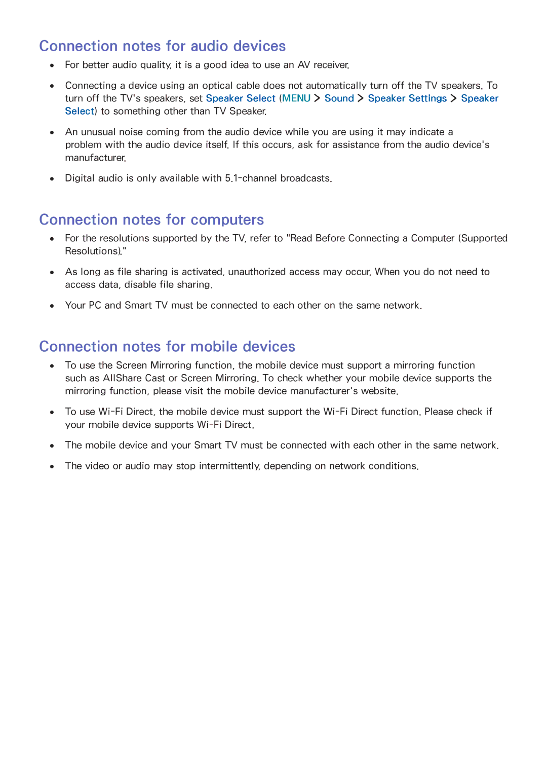 Samsung UA65JS8000KXSQ manual Connection notes for audio devices, Connection notes for computers 