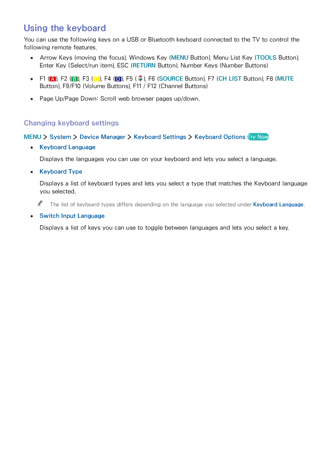 Samsung UA65JS8000KXSQ manual Using the keyboard, Changing keyboard settings, Keyboard Type, Switch Input Language 