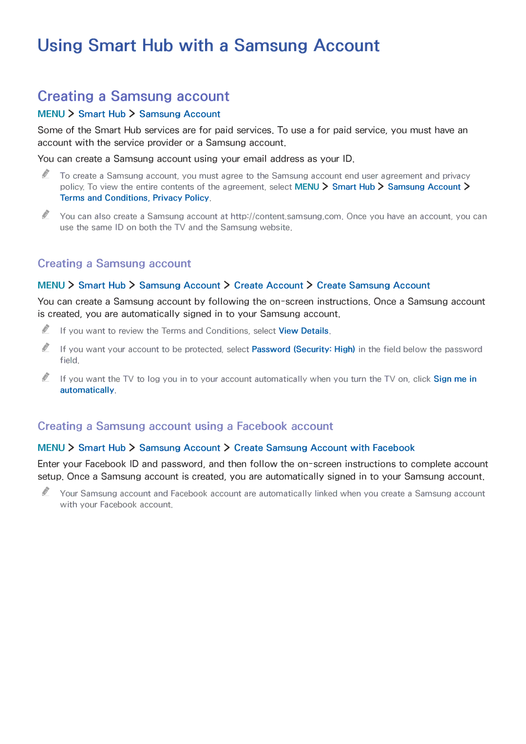 Samsung UA65JS8000KXSQ Using Smart Hub with a Samsung Account, Creating a Samsung account, Menu Smart Hub Samsung Account 