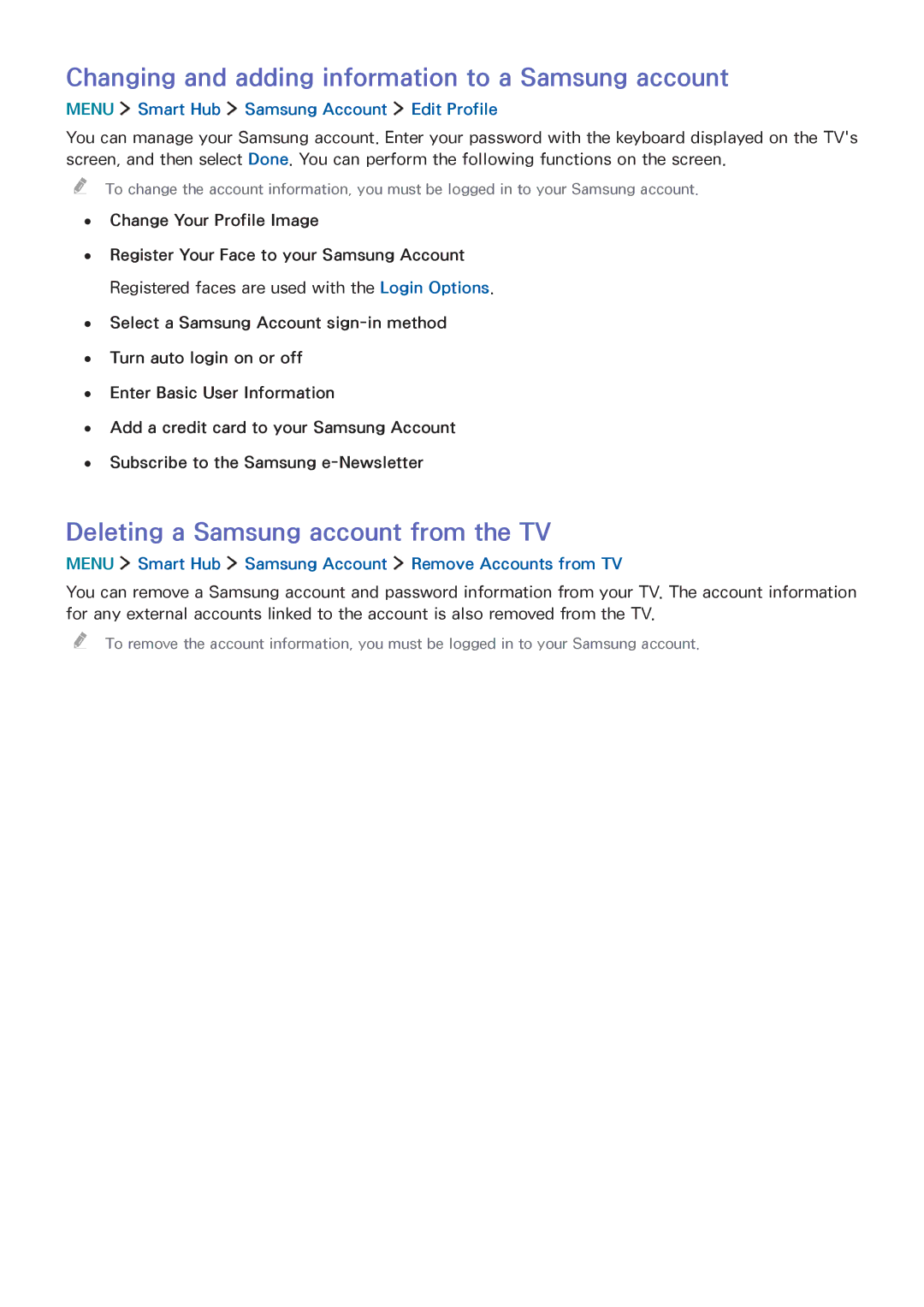 Samsung UA65JS8000KXSQ manual Changing and adding information to a Samsung account, Deleting a Samsung account from the TV 