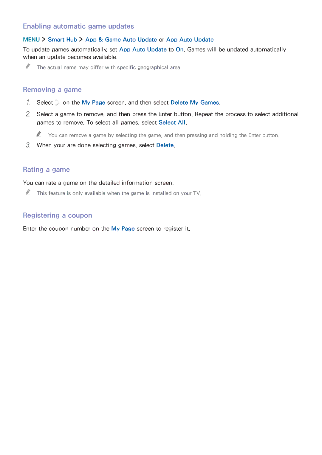Samsung UA65JS8000KXSQ manual Enabling automatic game updates, Removing a game, Rating a game, Registering a coupon 