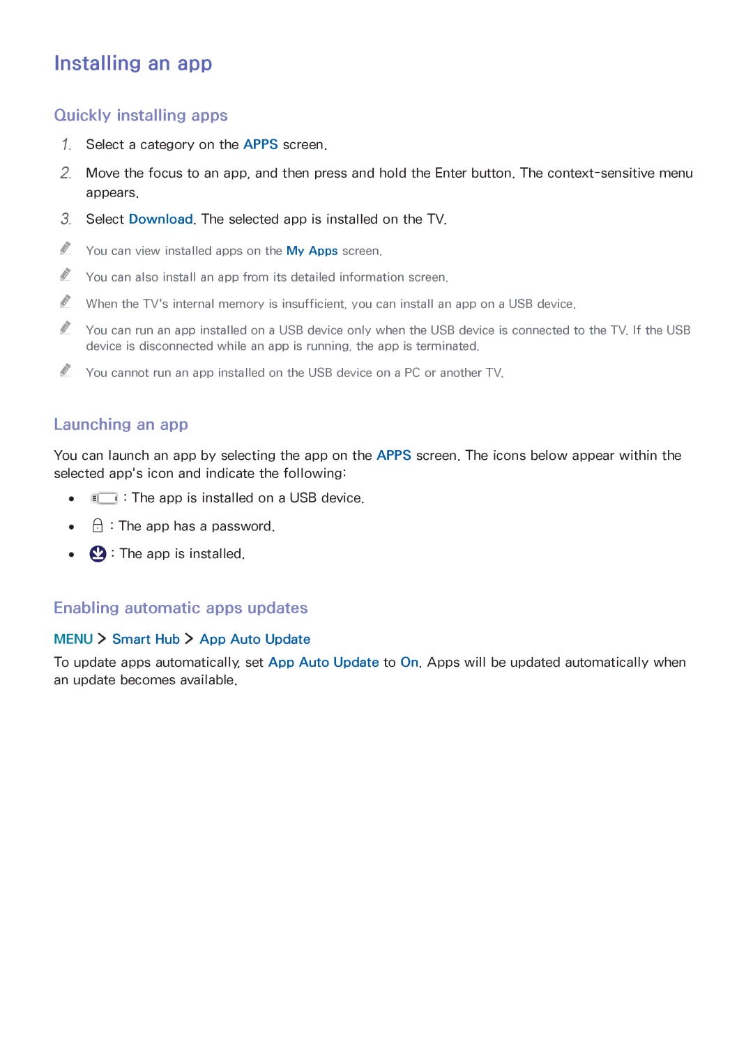 Samsung UA65JS8000KXSQ manual Installing an app, Quickly installing apps, Launching an app, Enabling automatic apps updates 