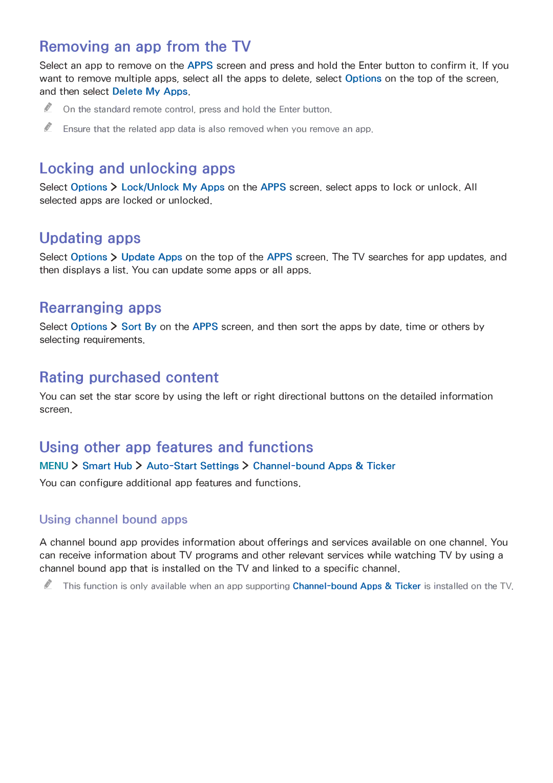 Samsung UA65JS8000KXSQ manual Removing an app from the TV, Locking and unlocking apps, Updating apps, Rearranging apps 