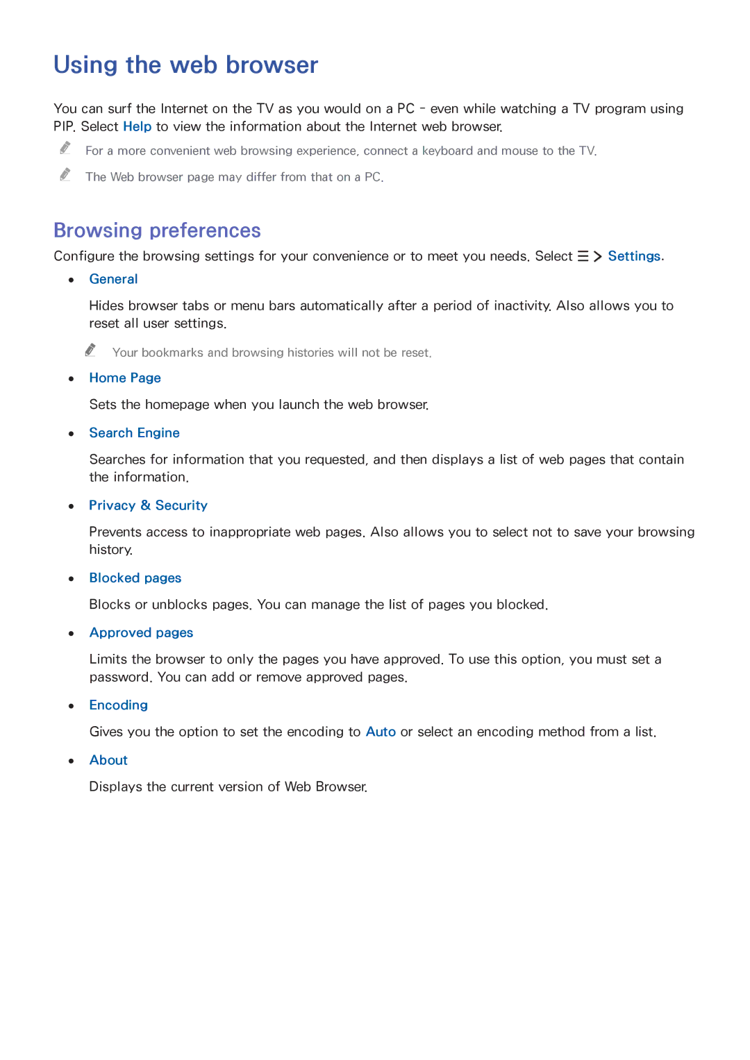 Samsung UA65JS8000KXSQ manual Using the web browser, Browsing preferences 