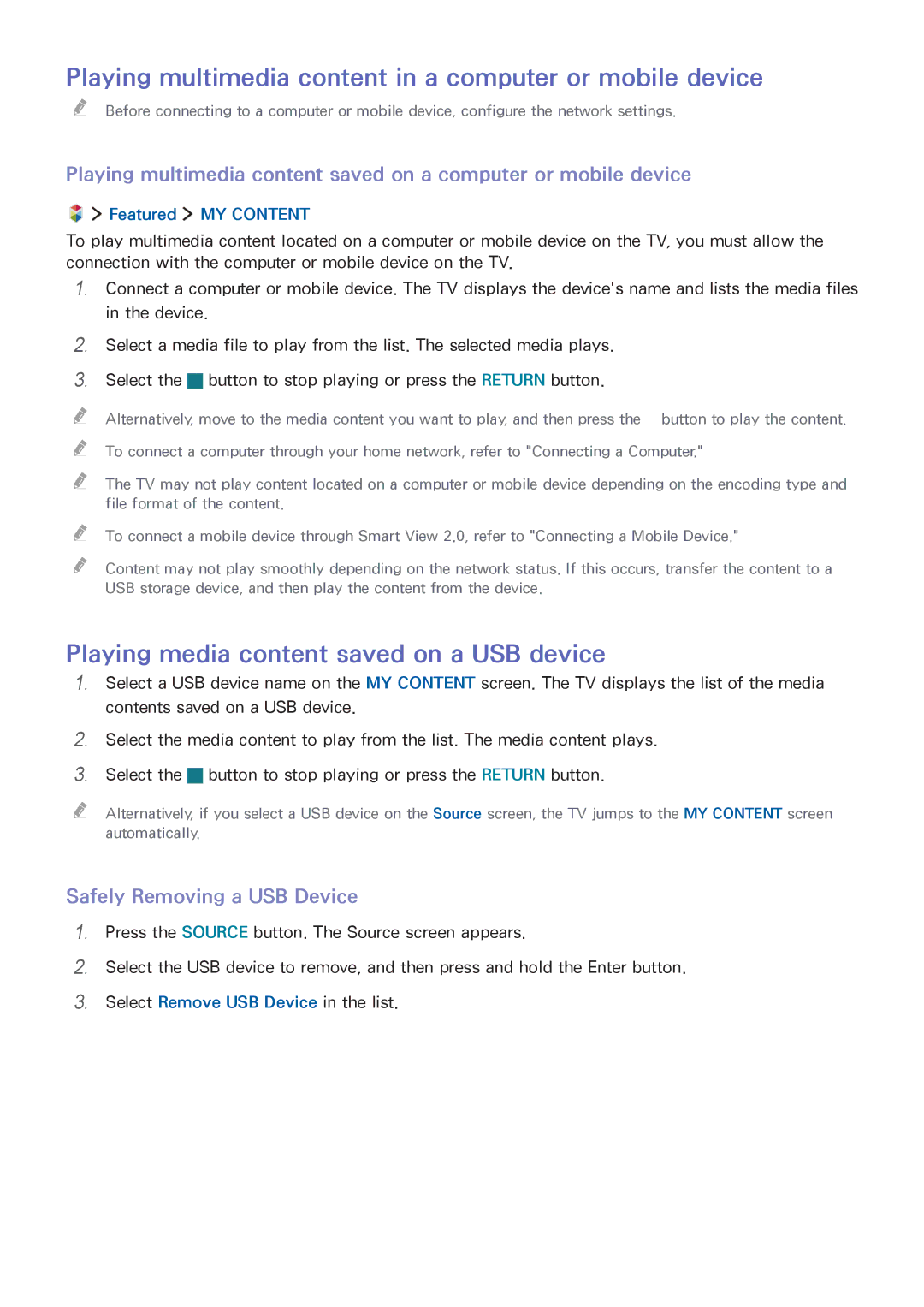 Samsung UA65JS8000KXSQ manual Playing multimedia content in a computer or mobile device, Safely Removing a USB Device 