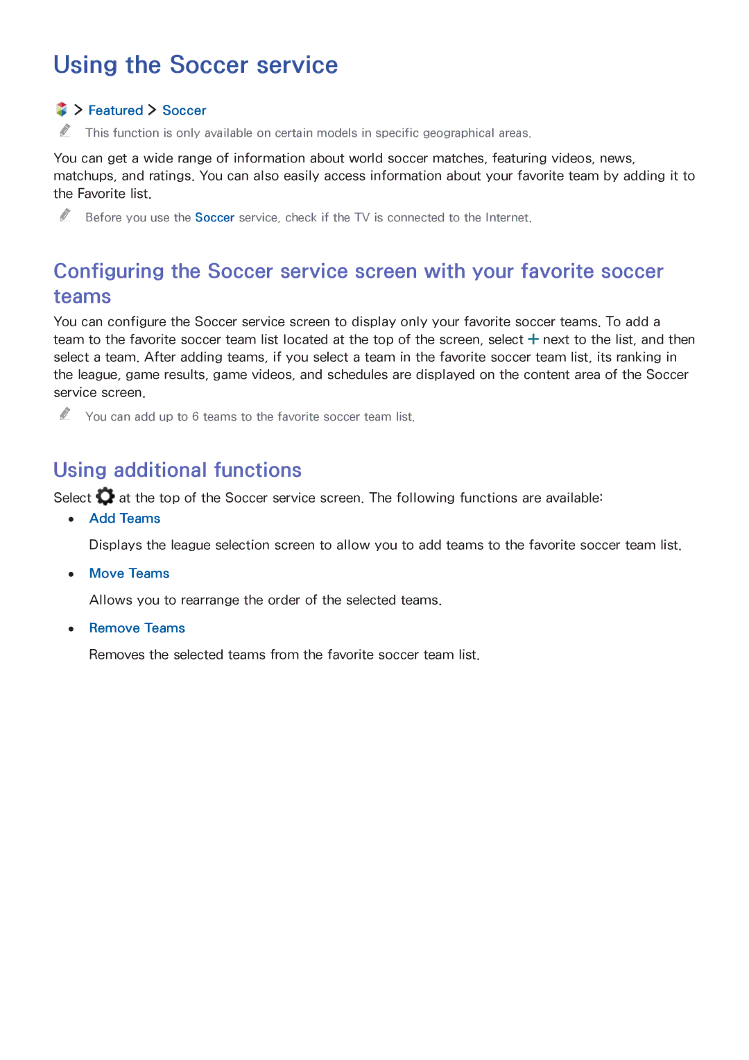 Samsung UA65JS8000KXSQ manual Using the Soccer service, Featured Soccer, Add Teams, Move Teams, Remove Teams 